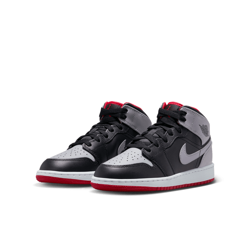 Air Jordan 1 Mid Big Kids' Shoes (GS) 'Black/Grey/Red/White'